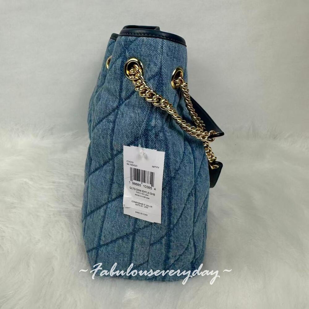 Coach Evelyn Shoulder Bag In Regenerative Cotton With Quilting CDC02 Indigo NWT - Picture 4 of 9